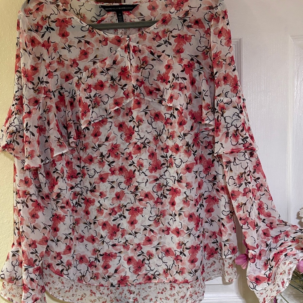 White House Black Market Pink Floral Sheer Ruffle Blouse - Picture 4 of 12